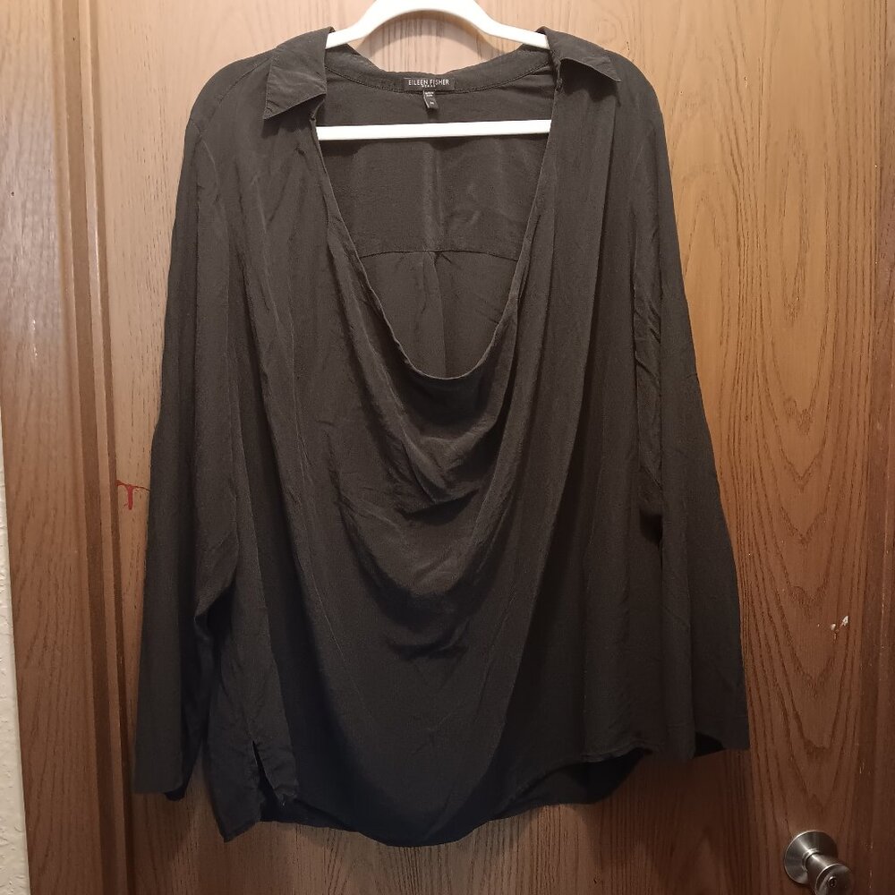 Eileen Fisher Woman black silk drape U-neck popover blouse plus size 2X